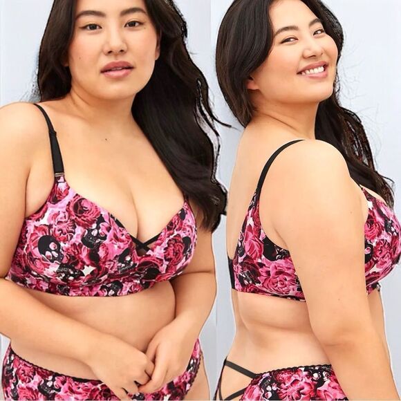 Torrid Pink Rose Skull Push-Up Wire-Free Microfiber 360° Back Smoothing Bra NWT - Picture 2 of 10